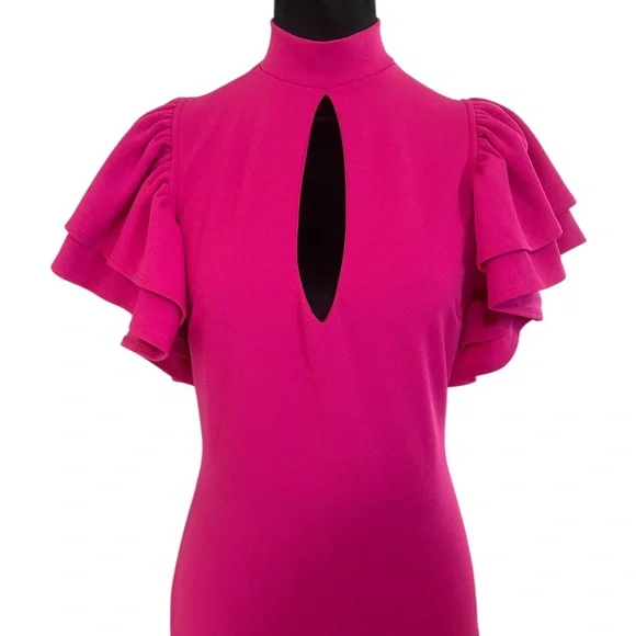 Ruffle sleeve fuchsia, Hot Pink, Magenta Mini Dress,chest cut out,Large, New - Picture 5 of 6